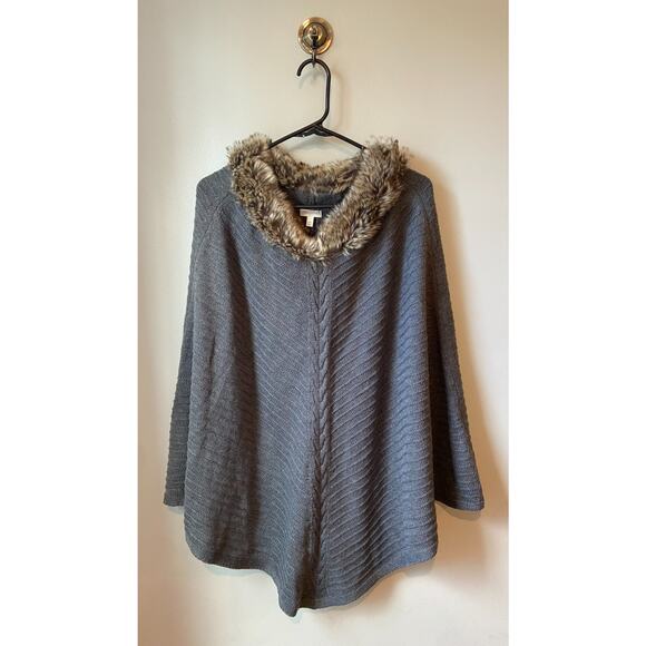Talbots Faux Fur Cable Knit Poncho Gray Cowl Neck Triangular Hem Sweater, Sm/Med - Picture 2 of 8